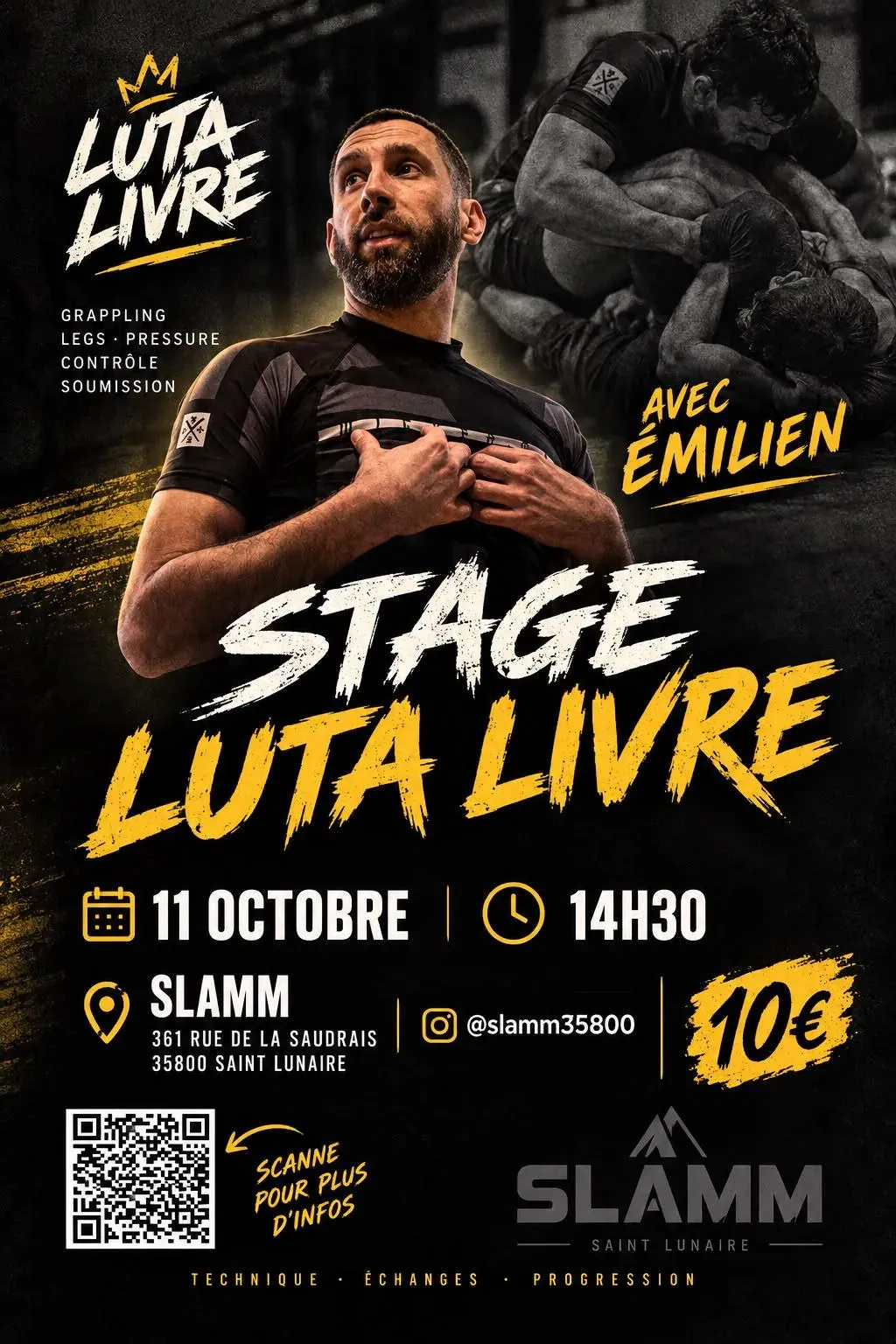 Affiche du stage de Luta Livre avec Emilien Bouillart, le 11 octobre à 14h30 au dojo SLAMM de Saint-Lunaire, 10 €